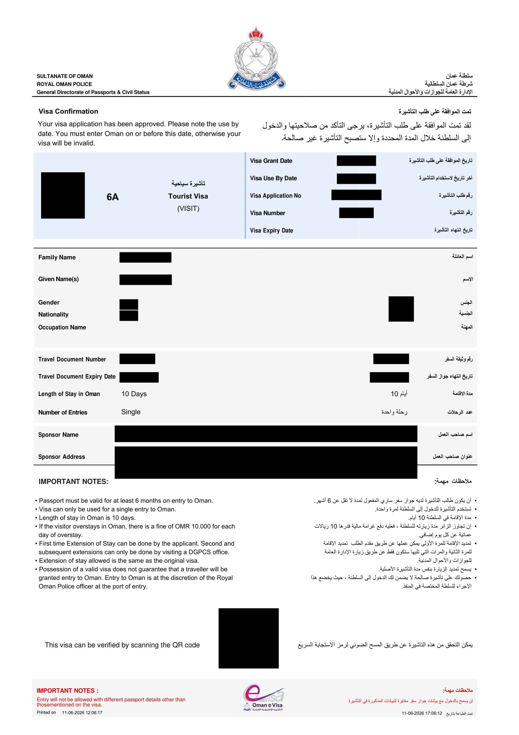 Sample Oman tourist e-visa issued to an Indian traveller, with personal details redacted